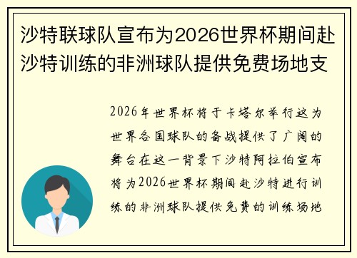 沙特联球队宣布为2026世界杯期间赴沙特训练的非洲球队提供免费场地支持 沙特联球队宣布为2026世界杯期间赴沙特训练的非洲球队提供免费场地支持